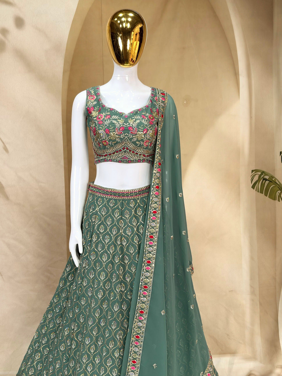 Georgette Thread Zari Sequence Embroidery Lehenga