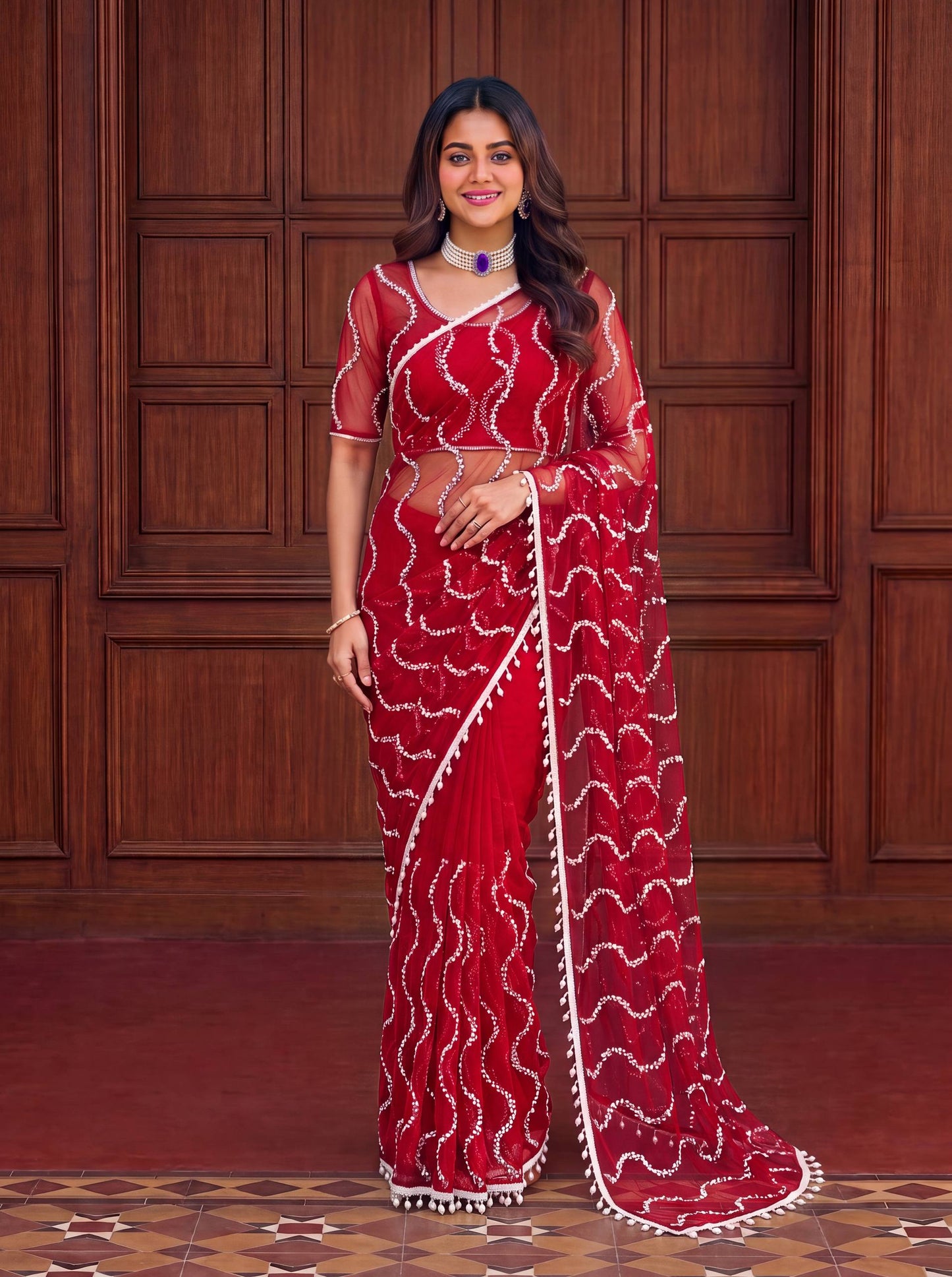 Net Bidds sequence pearls Embroidery Work Saree