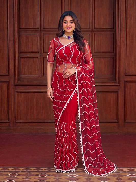 Net Bidds sequence pearls Embroidery Work Saree