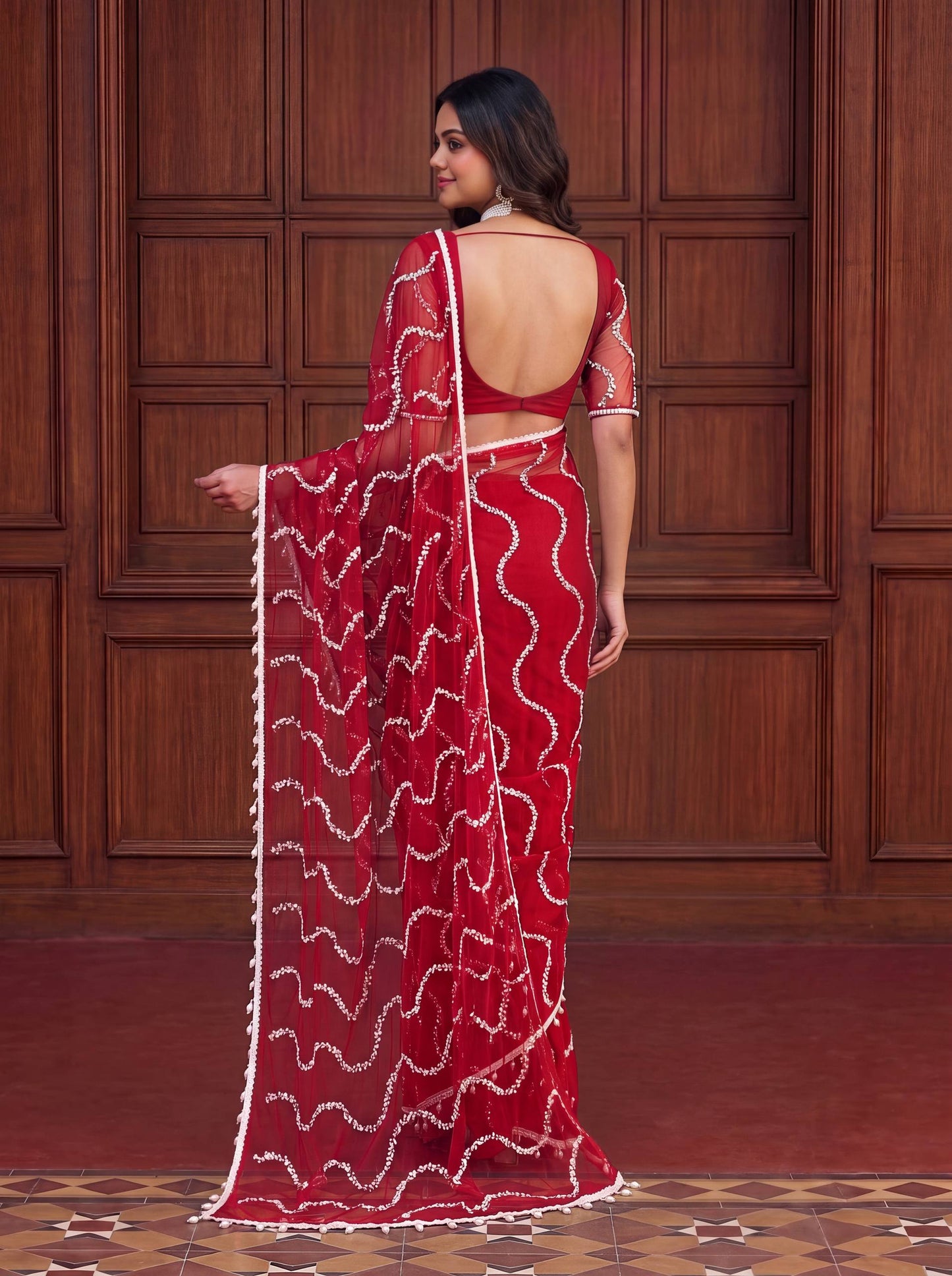 Net Bidds sequence pearls Embroidery Work Saree