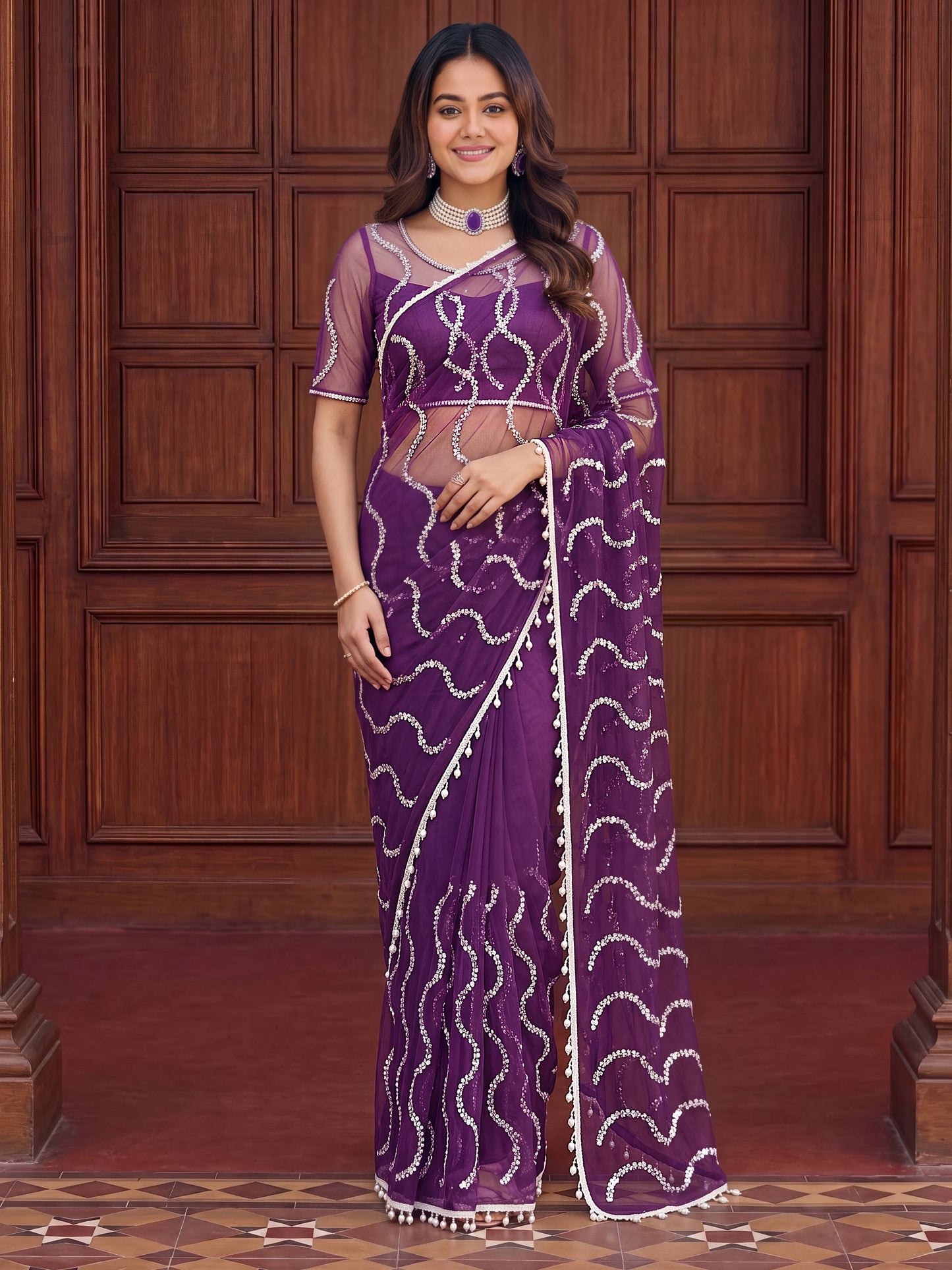 Net Bidds sequence pearls Embroidery Work Saree