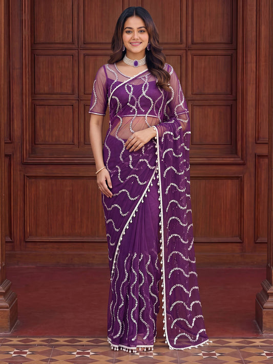 Net Bidds sequence pearls Embroidery Work Saree