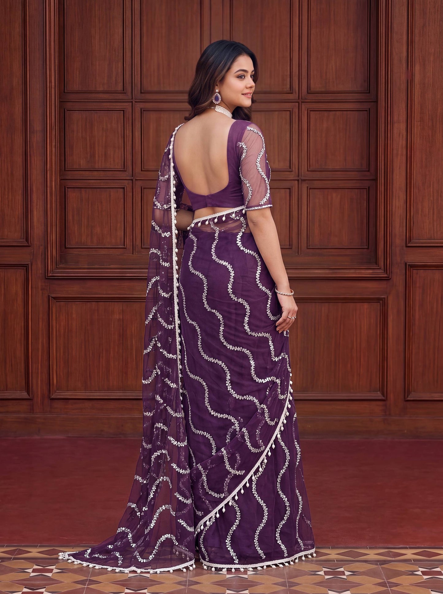 Net Bidds sequence pearls Embroidery Work Saree