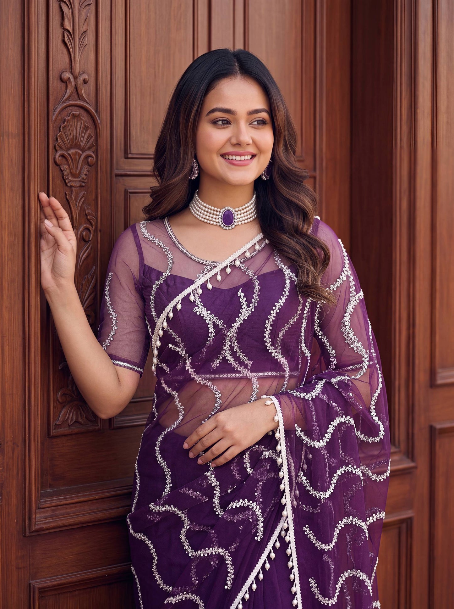 Net Bidds sequence pearls Embroidery Work Saree