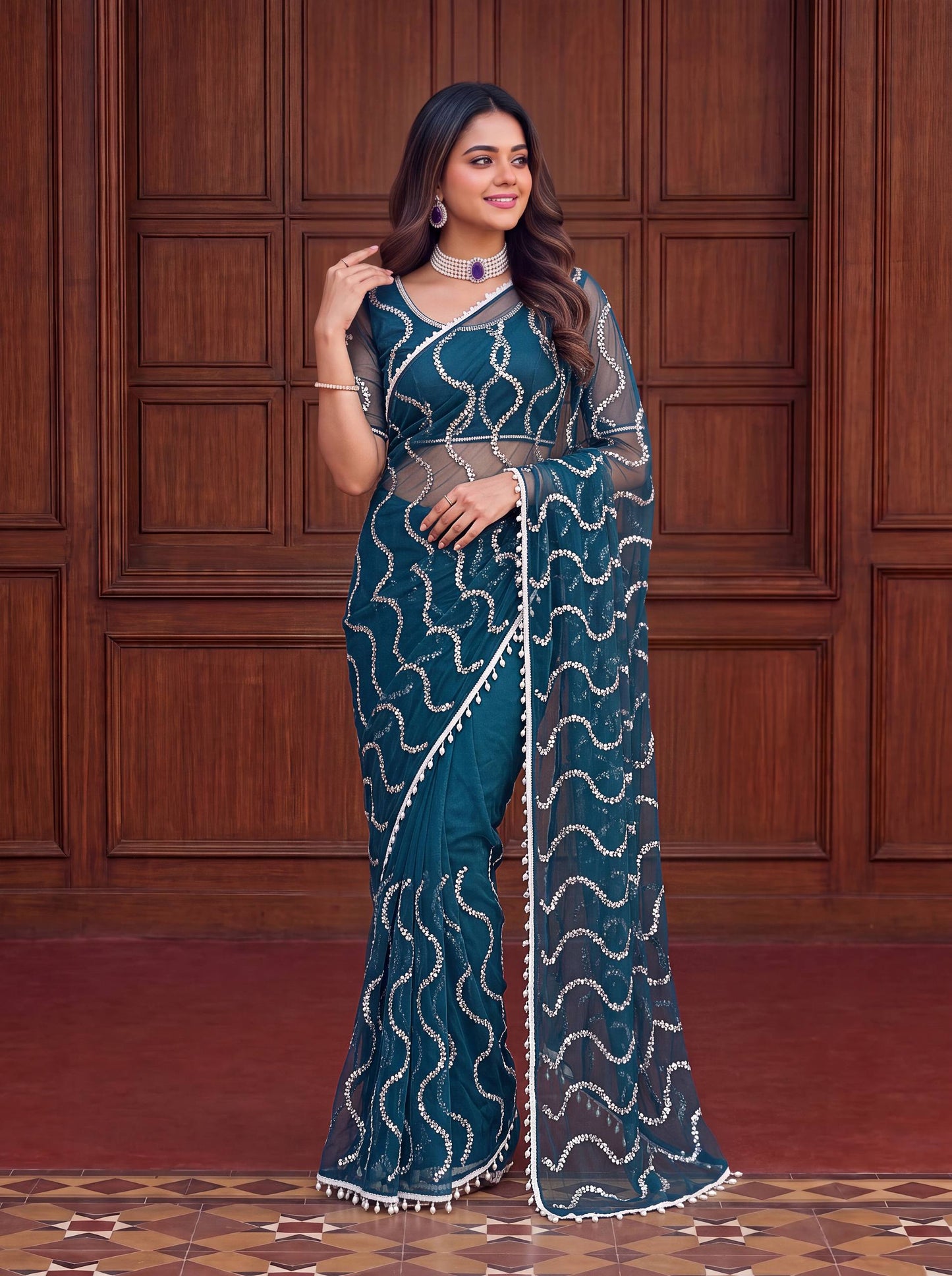 Net Bidds sequence pearls Embroidery Work Saree