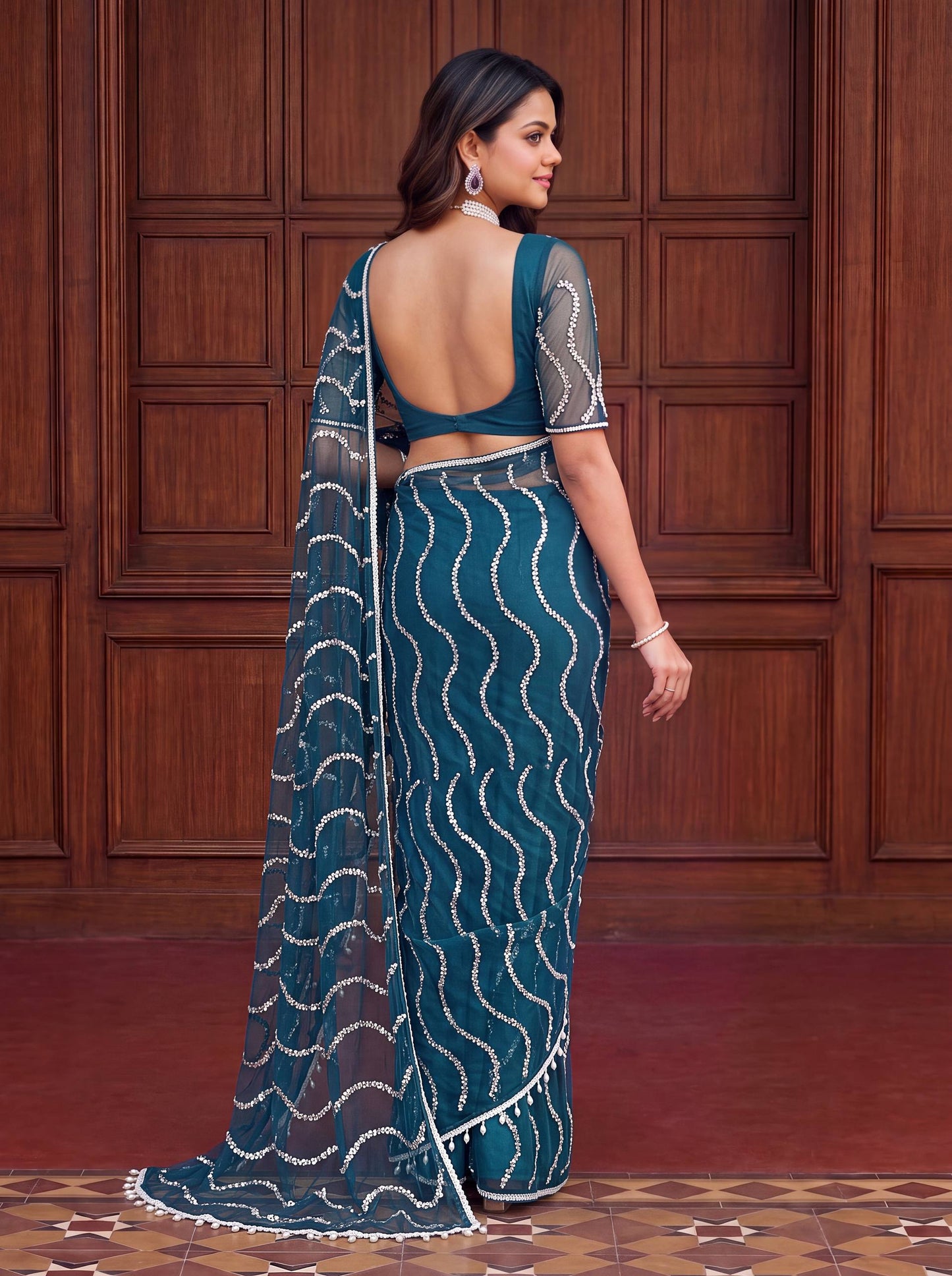 Net Bidds sequence pearls Embroidery Work Saree