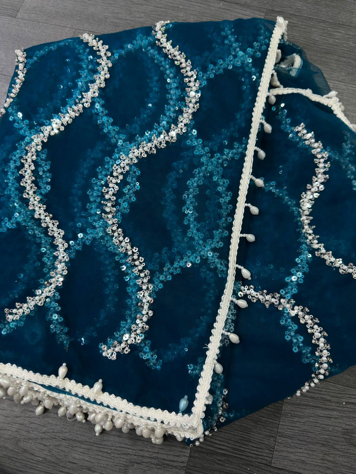 Net Bidds sequence pearls Embroidery Work Saree