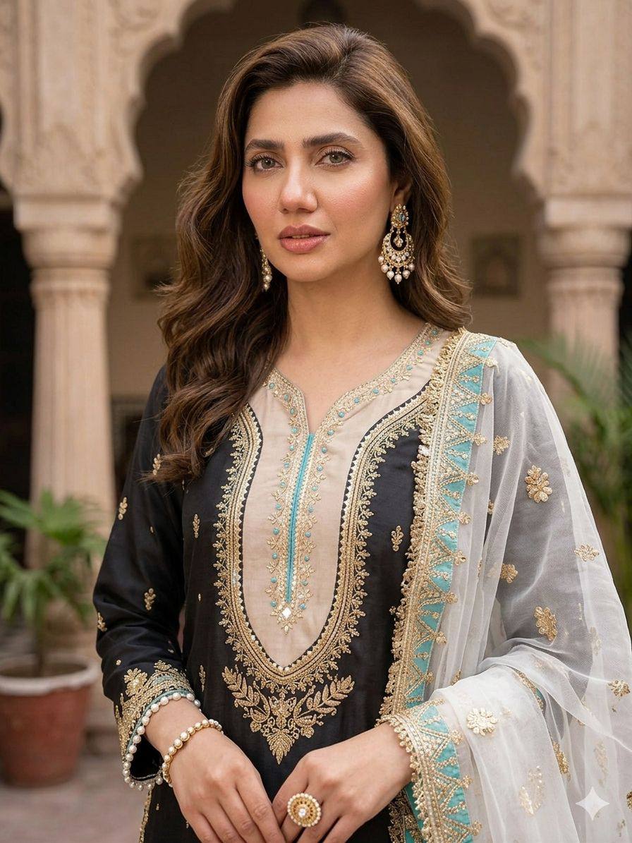 MAHIRA KHAN INSPIRED SEQUENCE EMBROIDERY WORKED TOP PLAZZO
