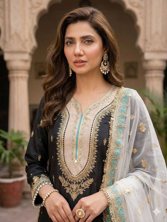 MAHIRA KHAN INSPIRED SEQUENCE EMBROIDERY WORKED TOP PLAZZO