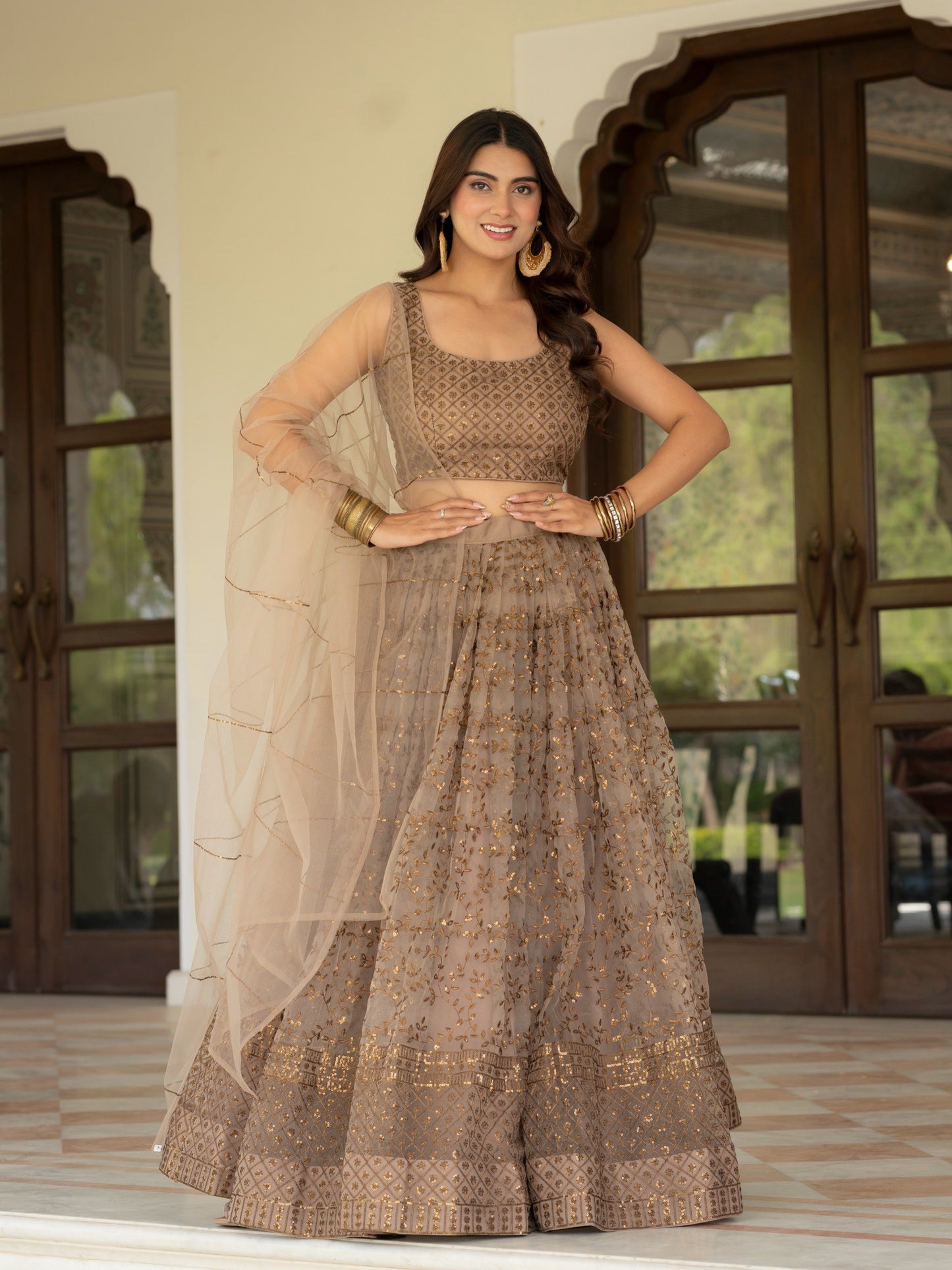 Net Zari Sequence embroidery lehenga choli