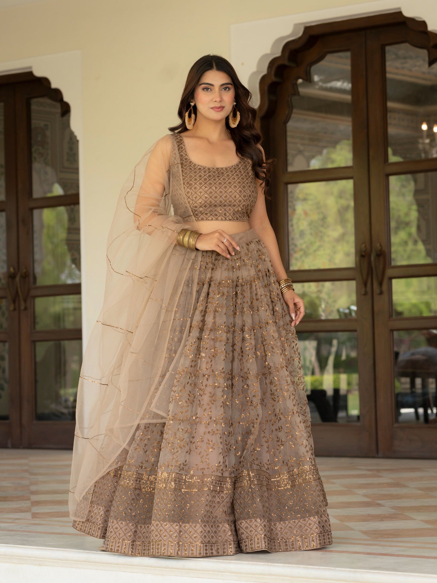 Net Zari Sequence embroidery lehenga choli