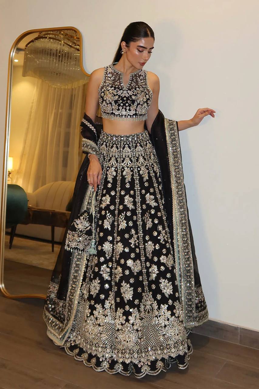 Chinon silk lehenga with zari sequins & dori work choli