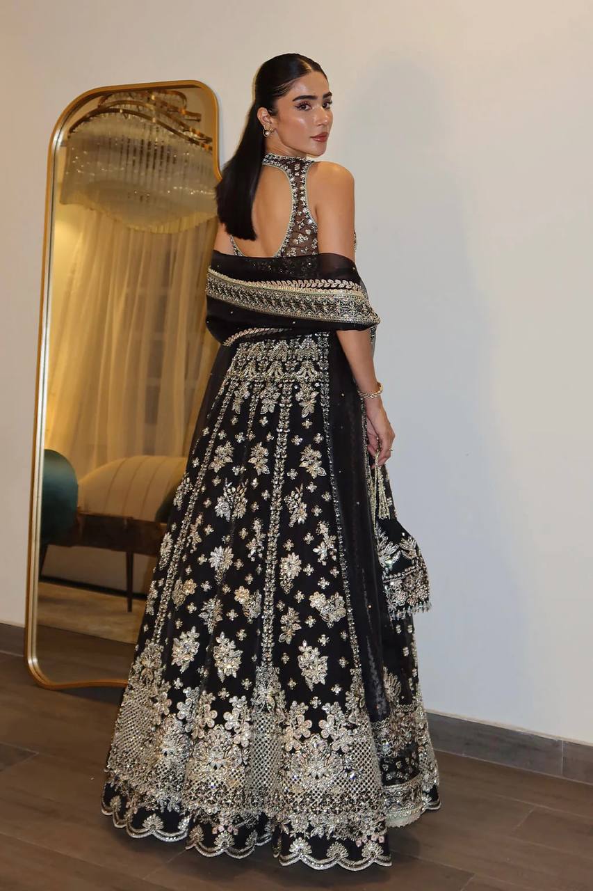 Chinon silk lehenga with zari sequins & dori work choli