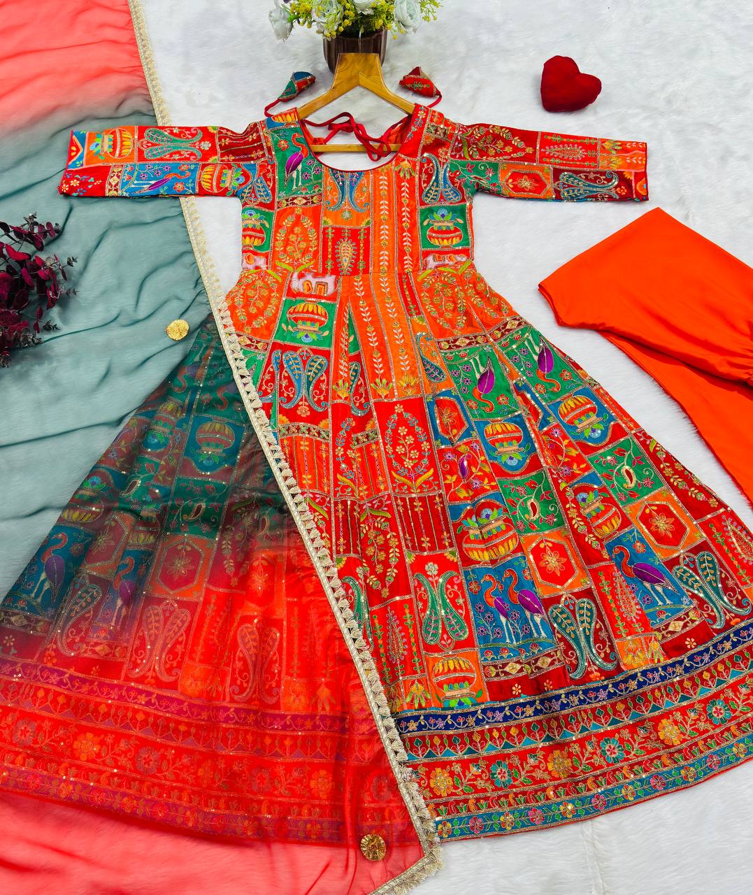 Heavy Position Print Embroidered Maxi Suit Set