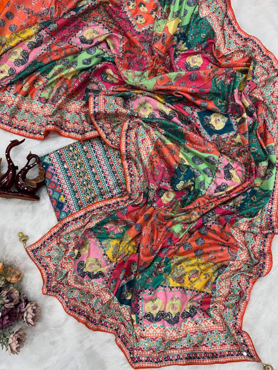 Soft Chinnon with beautiful print saree