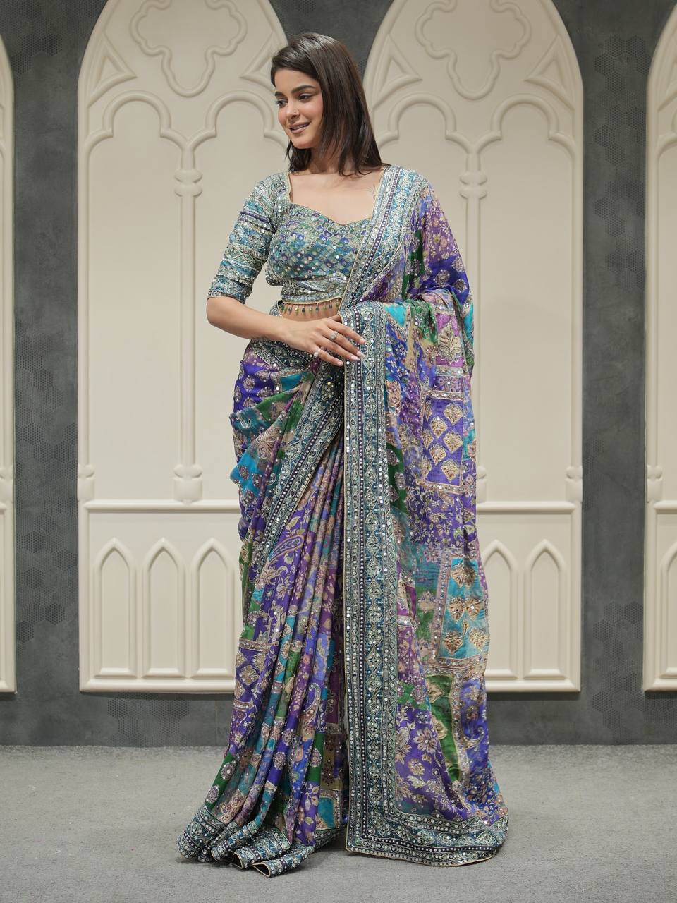 Soft Chinnon with beautiful print saree