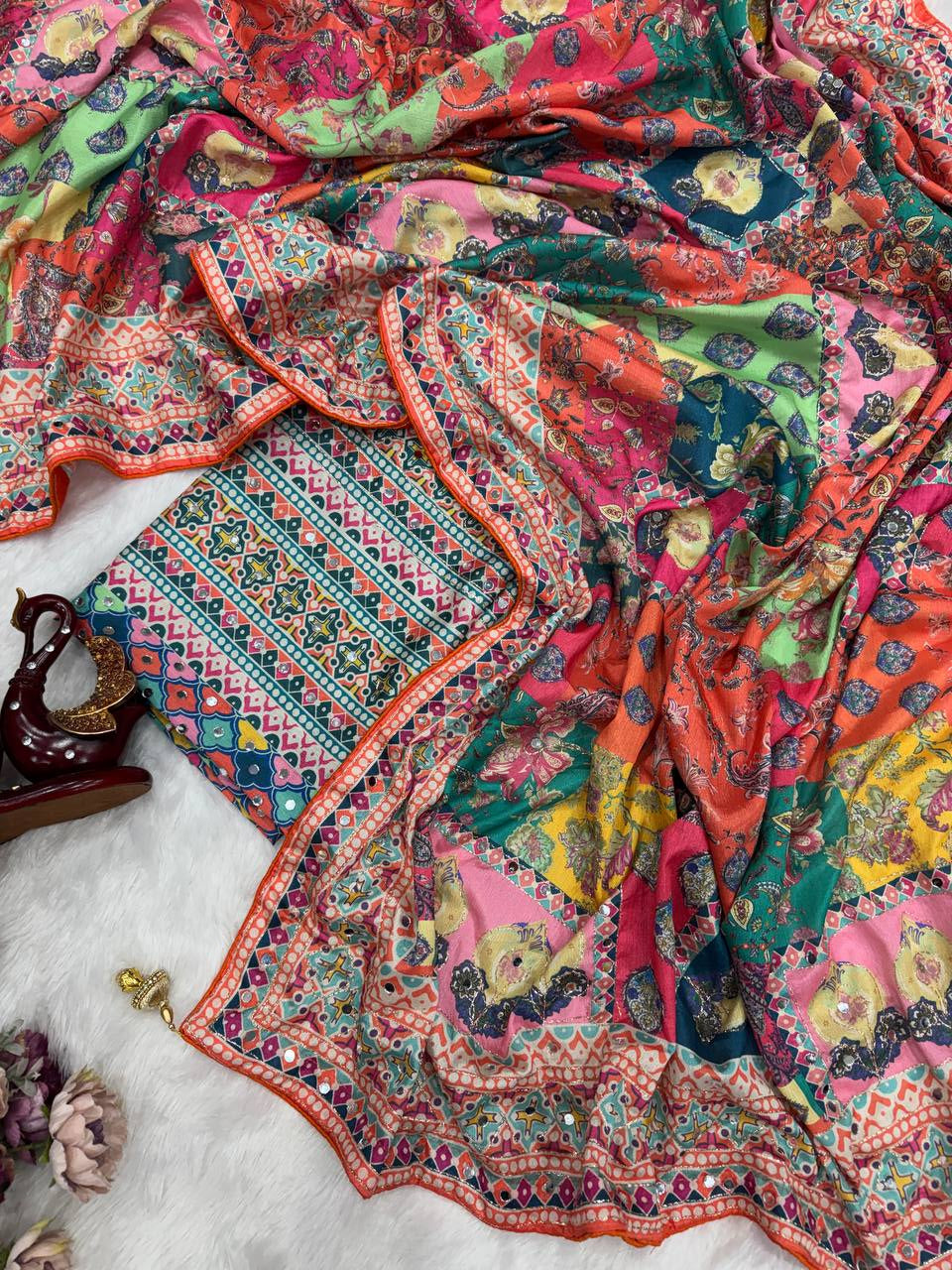 Soft Chinnon with beautiful print saree