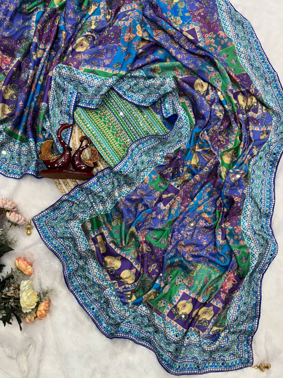 Soft Chinnon with beautiful print saree