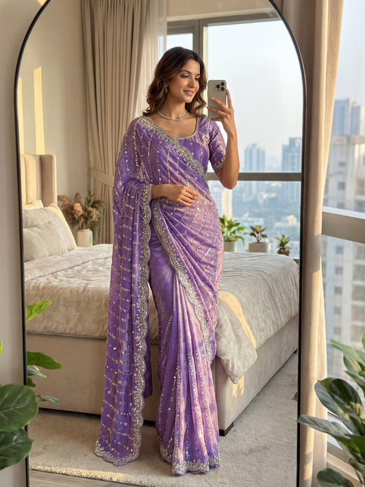 Fandy Satin Bidds And Sequins Embroidery Design Work Saree