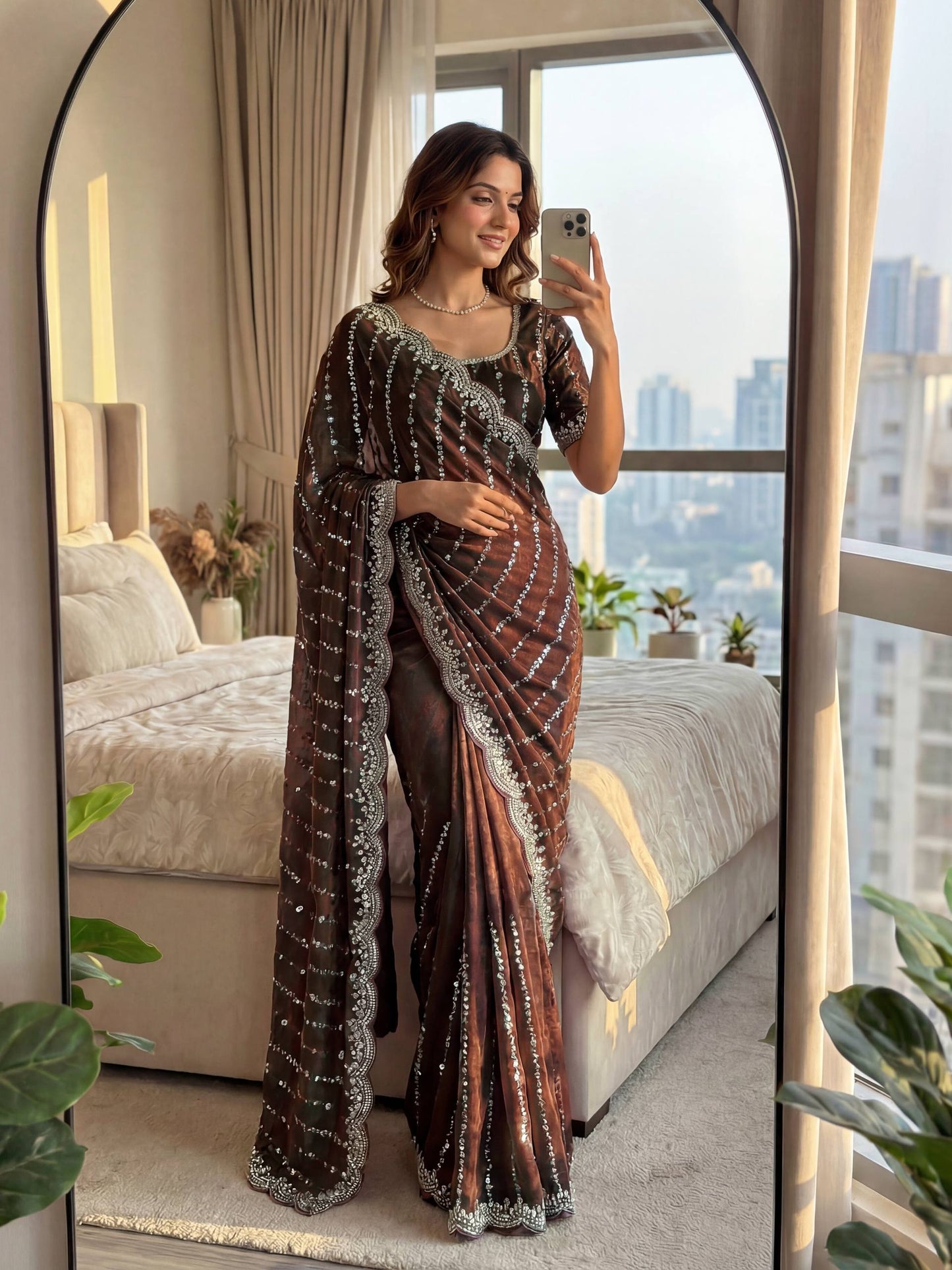 Fandy Satin Bidds And Sequins Embroidery Design Work Saree