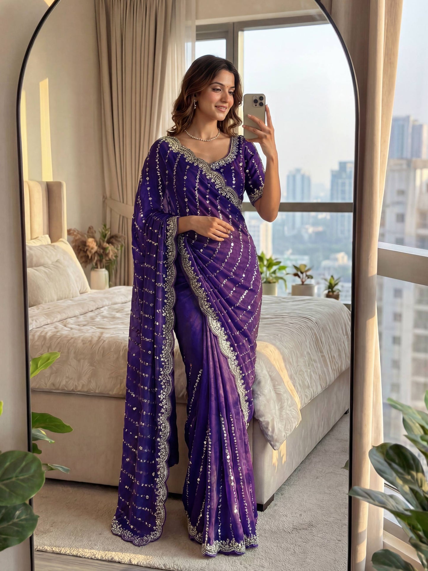 Fandy Satin Bidds And Sequins Embroidery Design Work Saree