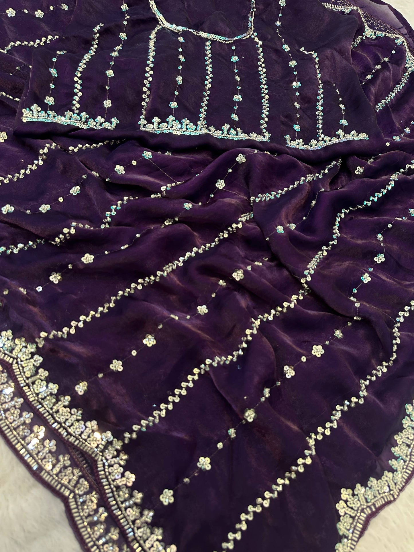 Fandy Satin Bidds And Sequins Embroidery Design Work Saree