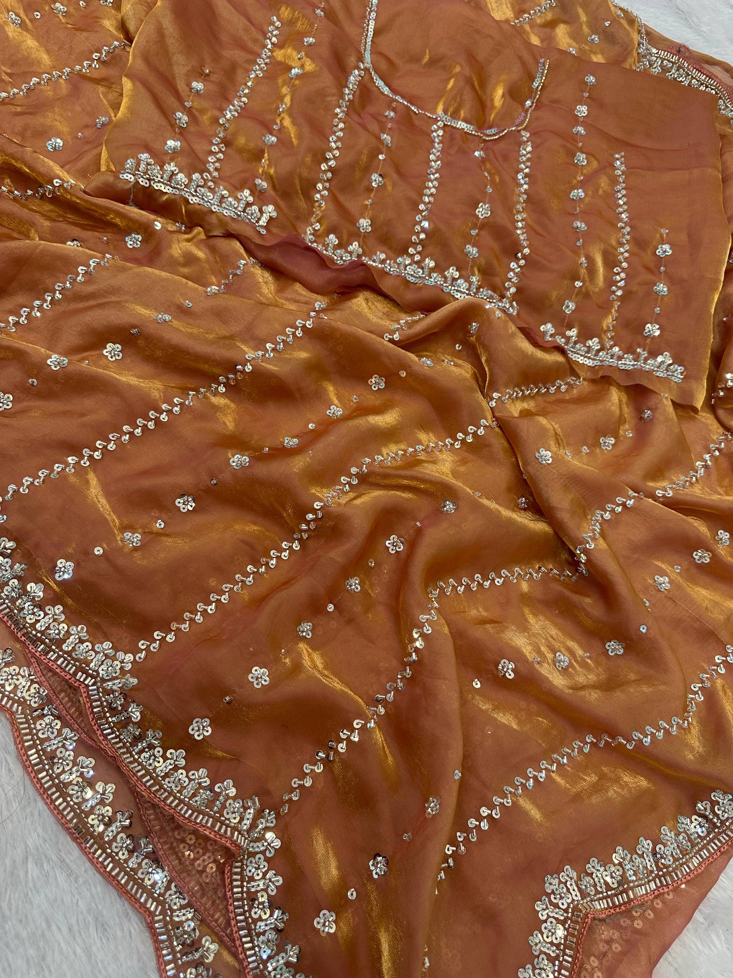 Fandy Satin Bidds And Sequins Embroidery Design Work Saree