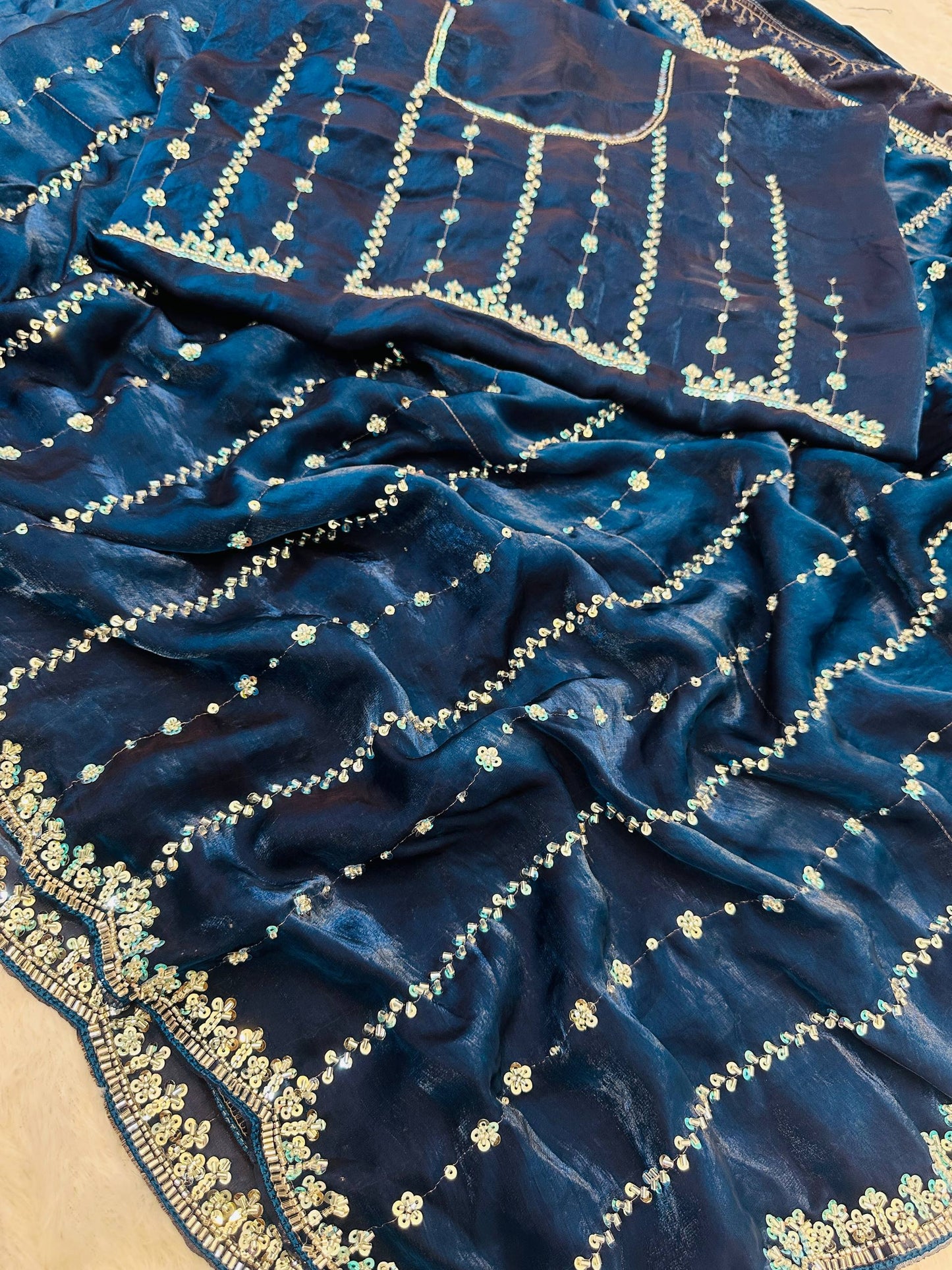 Fandy Satin Bidds And Sequins Embroidery Design Work Saree