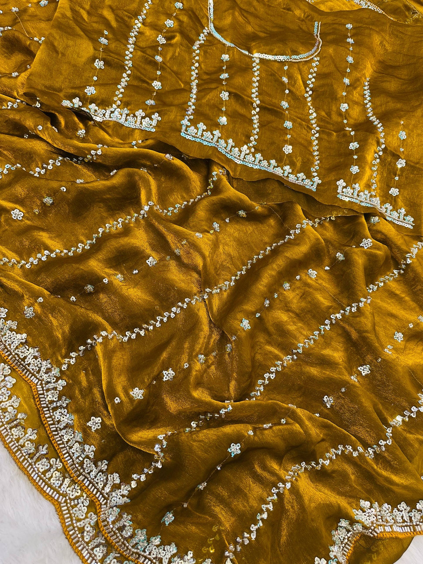 Fandy Satin Bidds And Sequins Embroidery Design Work Saree