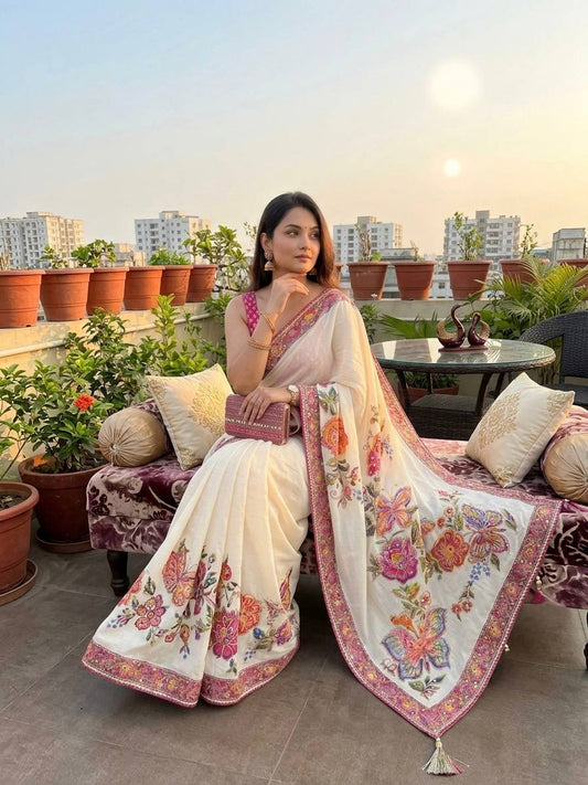 Soft Chinnon Sulk Fabric with beautiful Butterfly Saree
