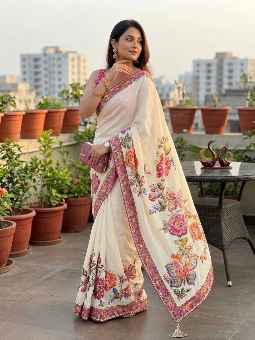 Soft Chinnon Sulk Fabric with beautiful Butterfly Saree