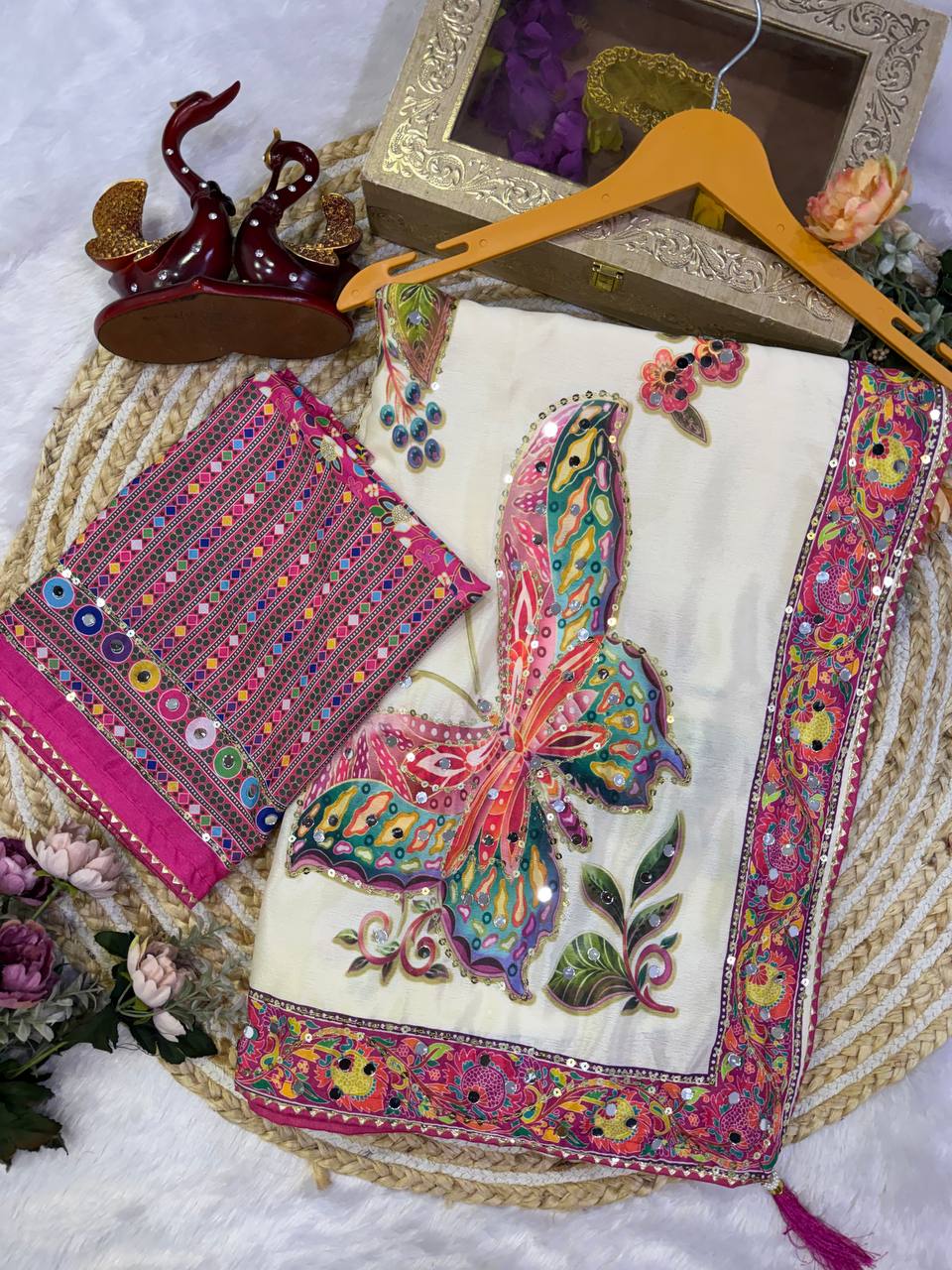 Soft Chinnon Sulk Fabric with beautiful Butterfly Saree