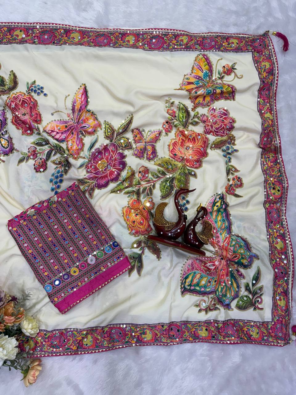 Soft Chinnon Sulk Fabric with beautiful Butterfly Saree