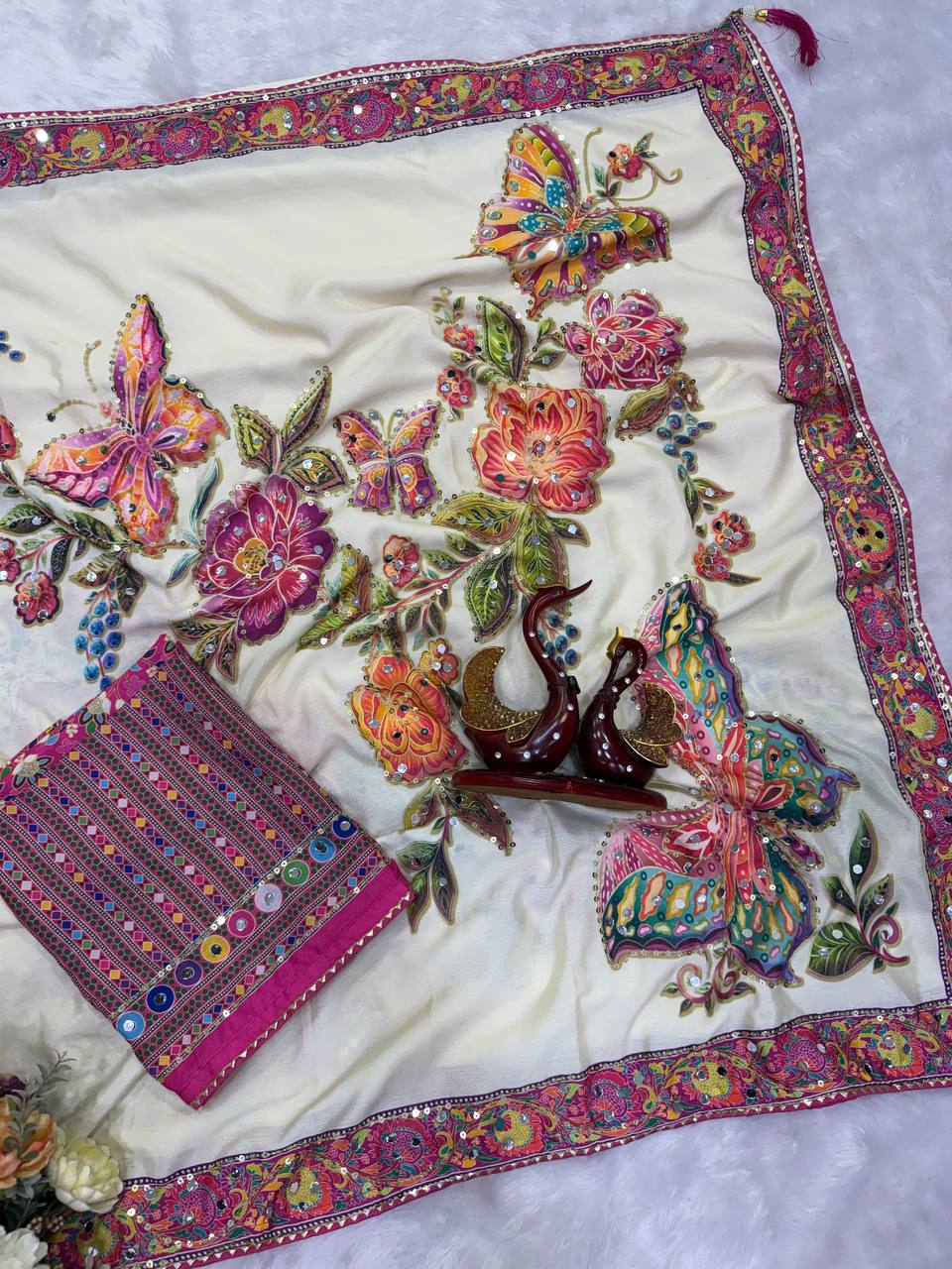 Soft Chinnon Sulk Fabric with beautiful Butterfly Saree