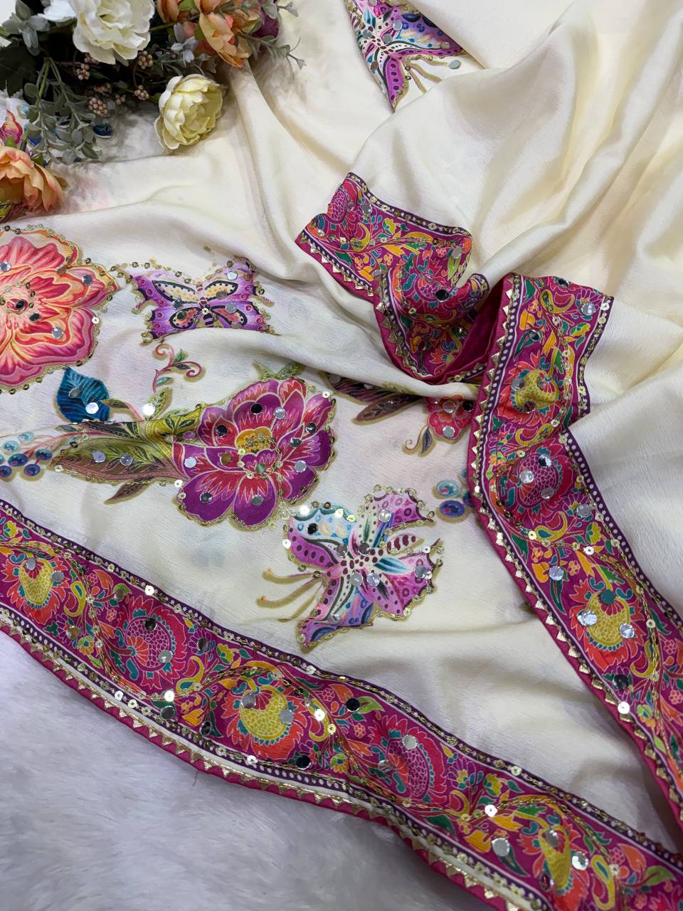 Soft Chinnon Sulk Fabric with beautiful Butterfly Saree