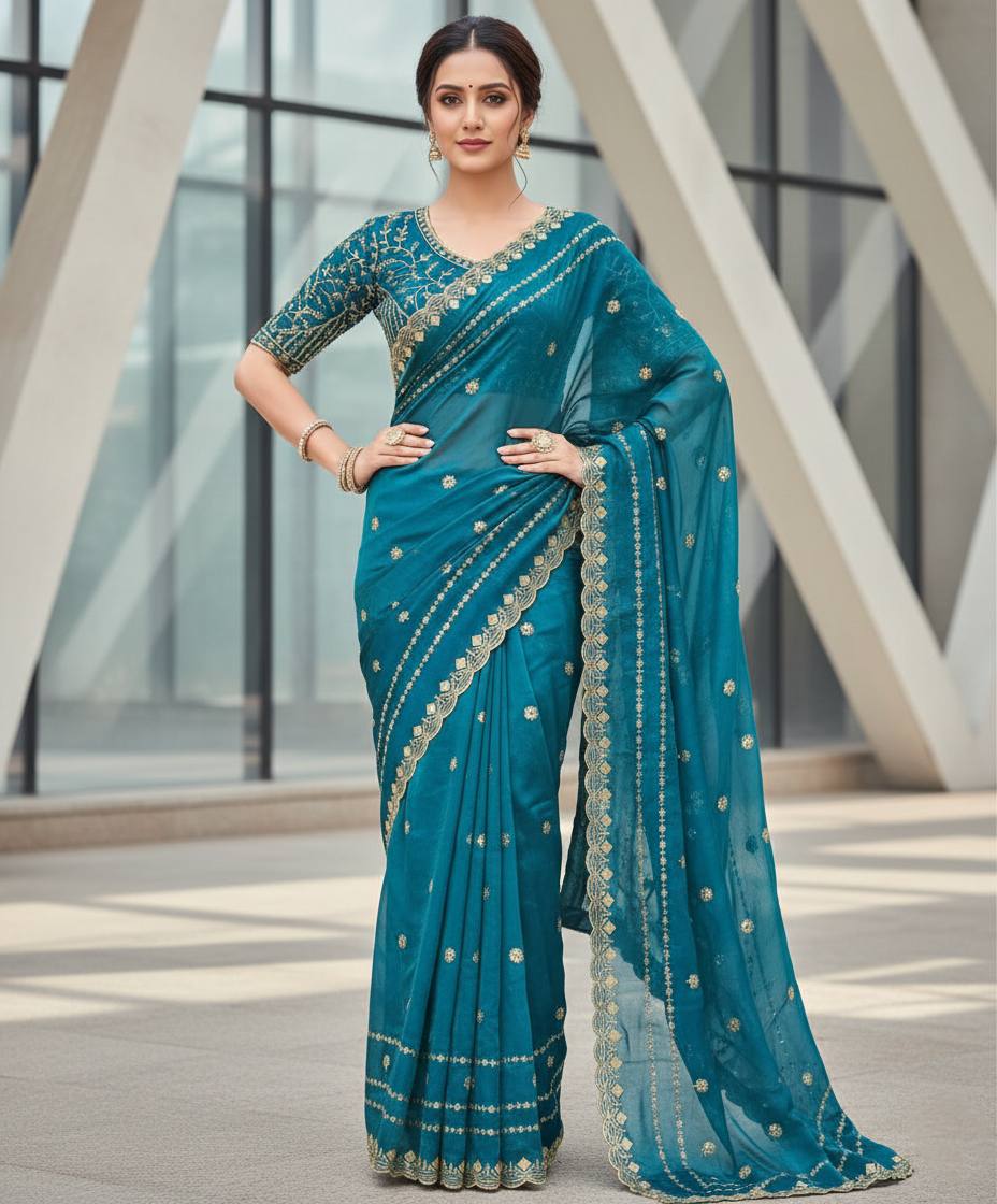 Fandy Satin Silk Designer Embroidery work of 3mm Sequins Saree