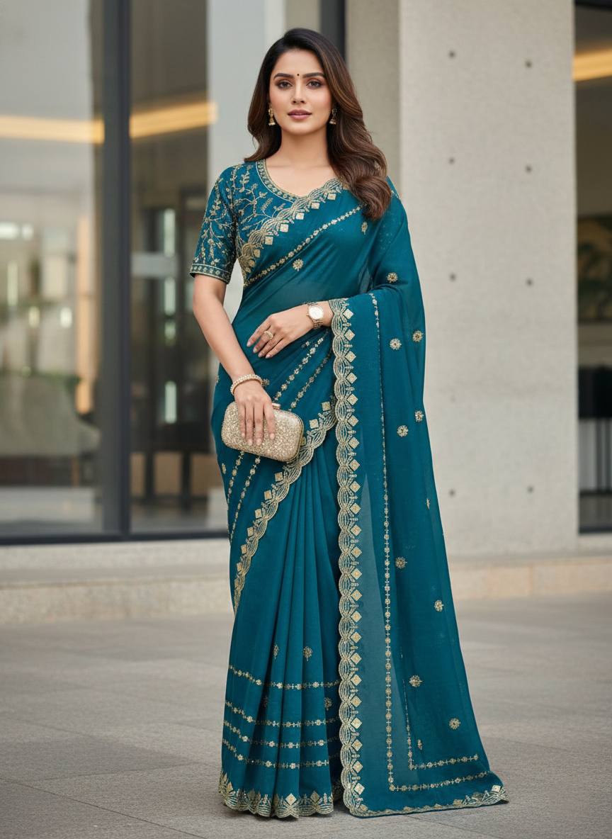 Fandy Satin Silk Designer Embroidery work of 3mm Sequins Saree