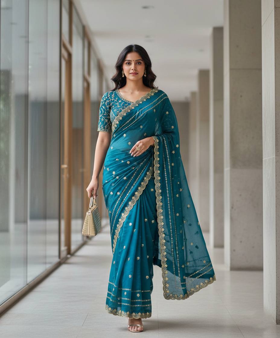 Fandy Satin Silk Designer Embroidery work of 3mm Sequins Saree