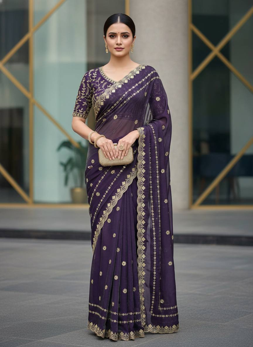 Fandy Satin Silk Designer Embroidery work of 3mm Sequins Saree