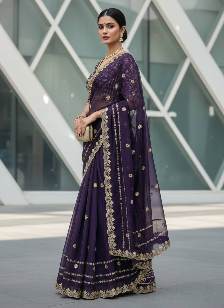 Fandy Satin Silk Designer Embroidery work of 3mm Sequins Saree