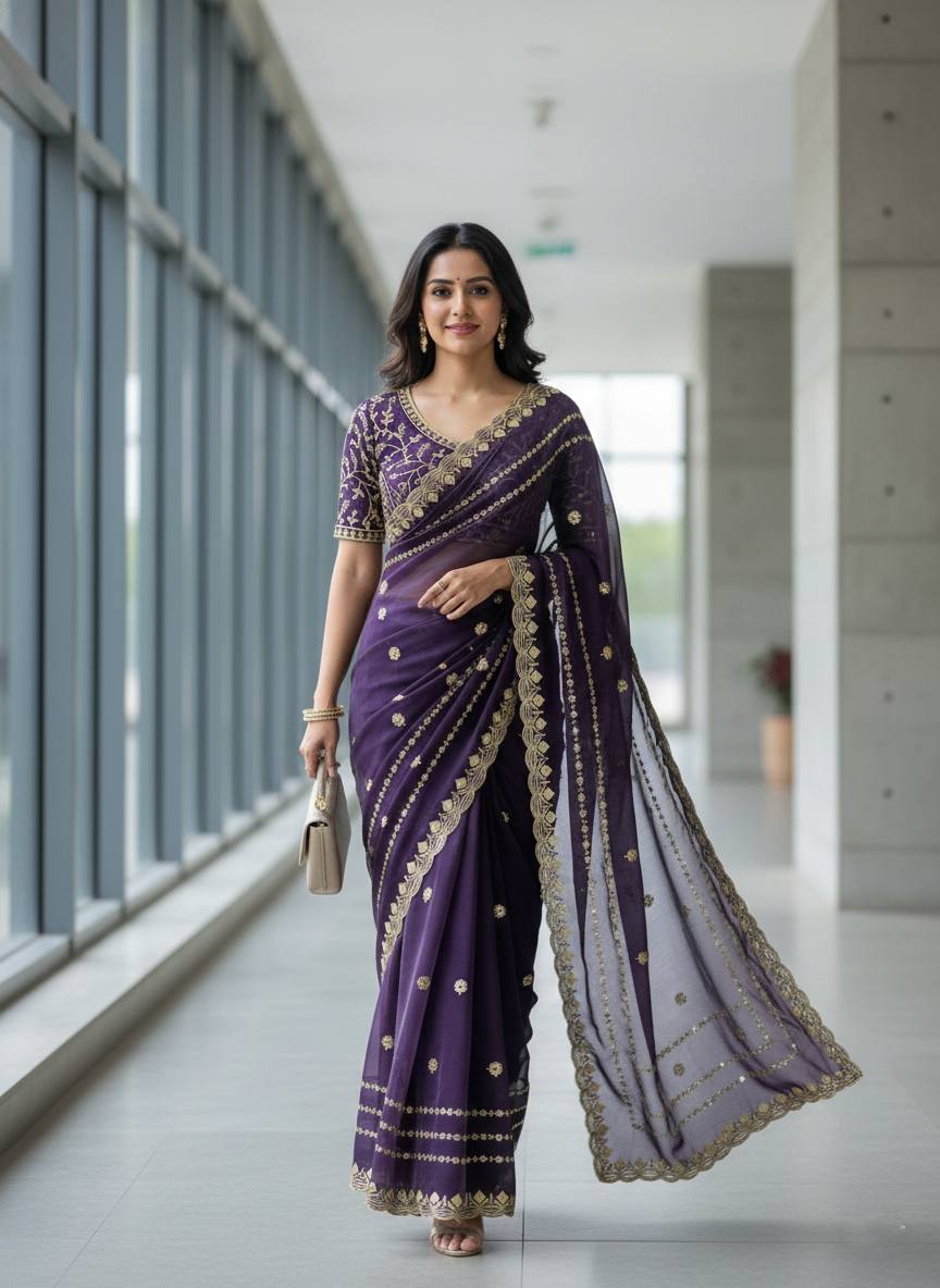 Fandy Satin Silk Designer Embroidery work of 3mm Sequins Saree