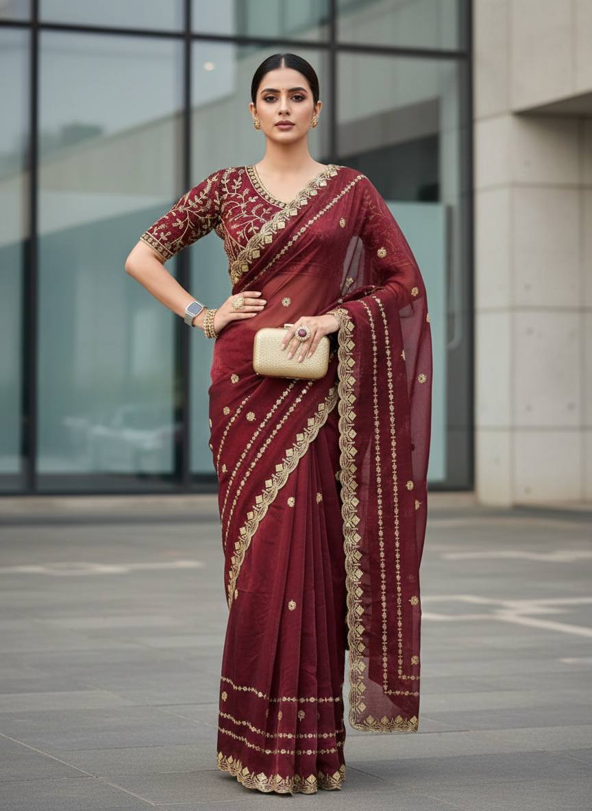 Fandy Satin Silk Designer Embroidery work of 3mm Sequins Saree