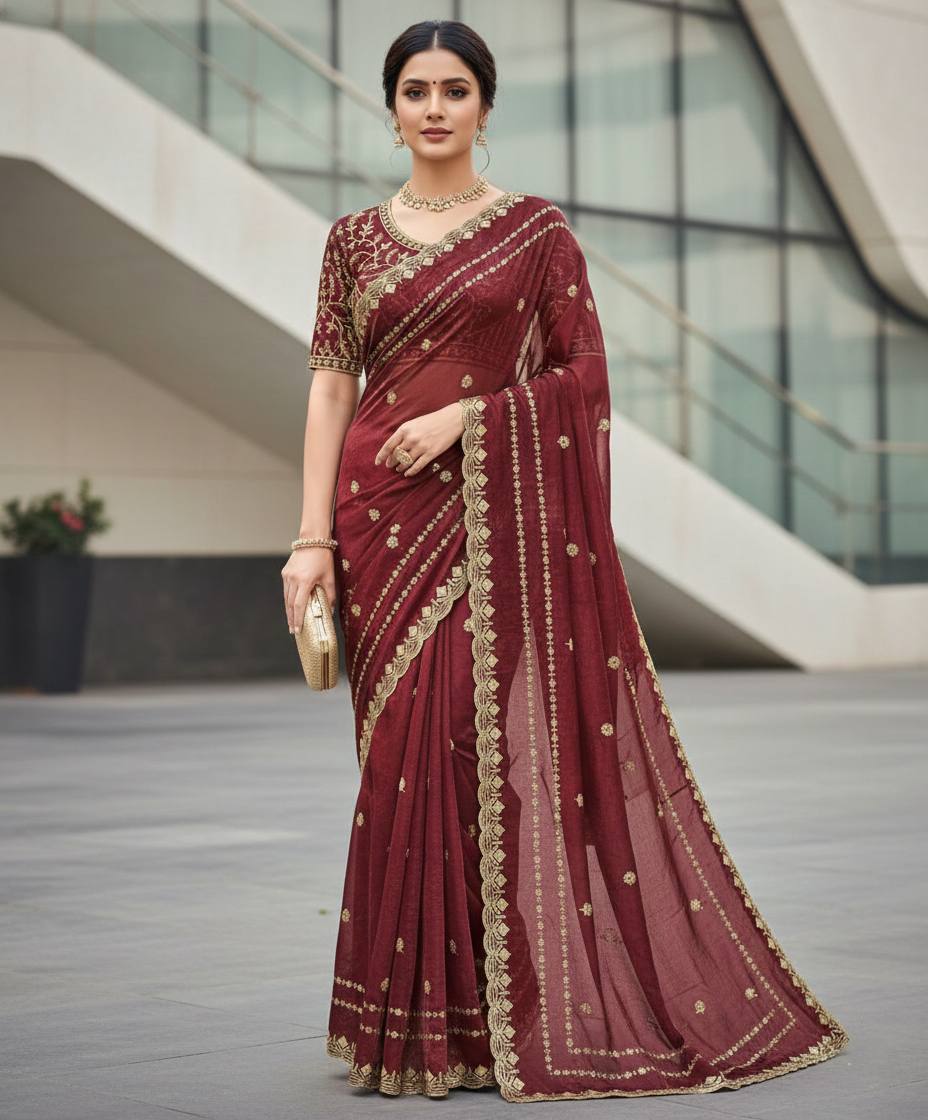 Fandy Satin Silk Designer Embroidery work of 3mm Sequins Saree