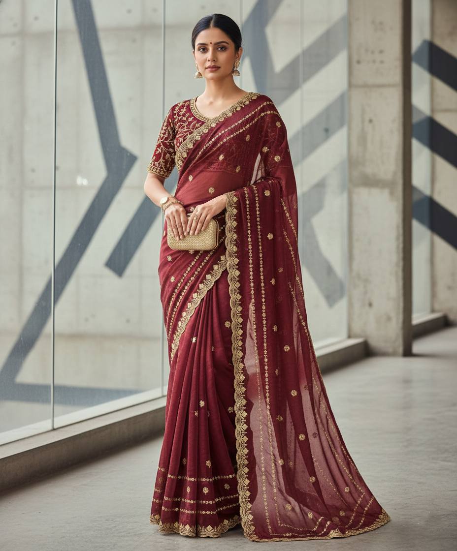 Fandy Satin Silk Designer Embroidery work of 3mm Sequins Saree