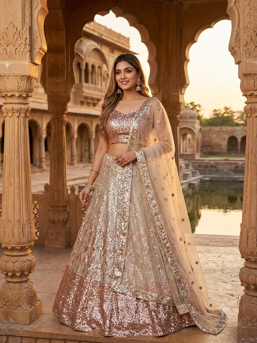 Sehen Sie umwerfend aus in diesem wunderschönen cremefarbenen Lehenga-Set
