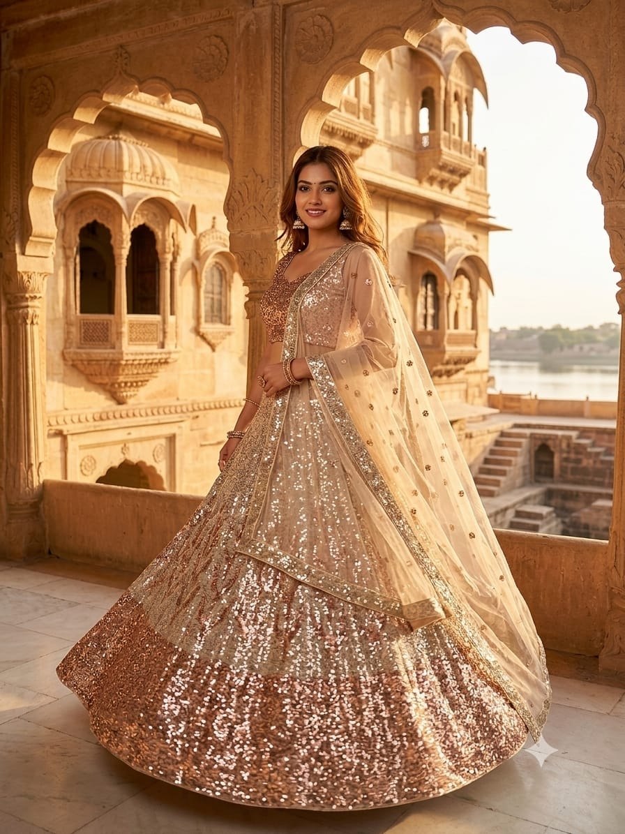 Sehen Sie umwerfend aus in diesem wunderschönen cremefarbenen Lehenga-Set