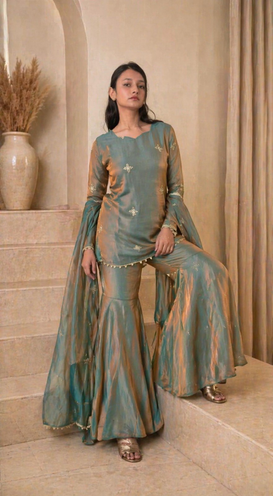 Premium Fandy Zari Sequence Embroidery Sarara Set
