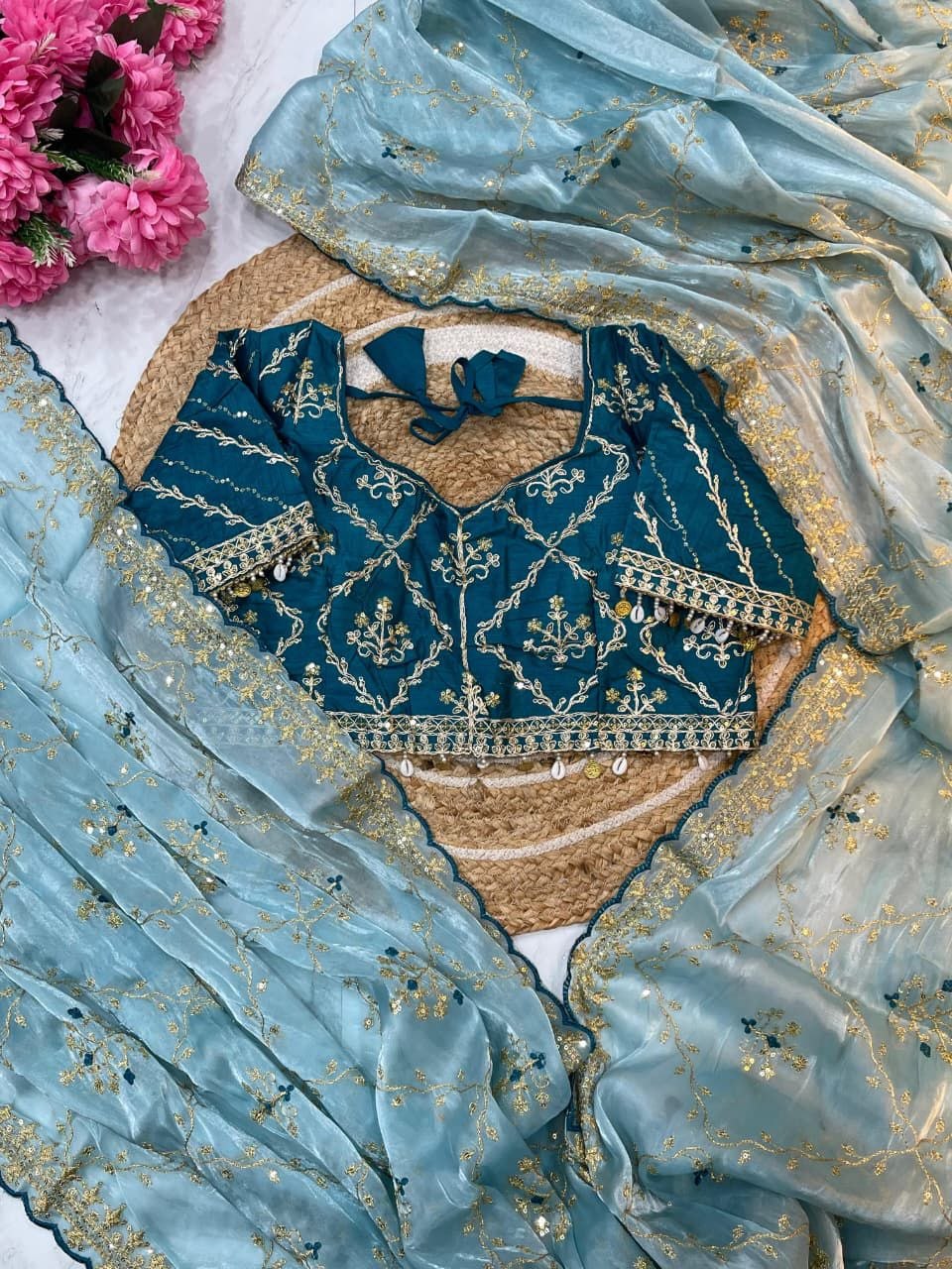 Pure soft Rimzim silk saree with beautiful embroidery
