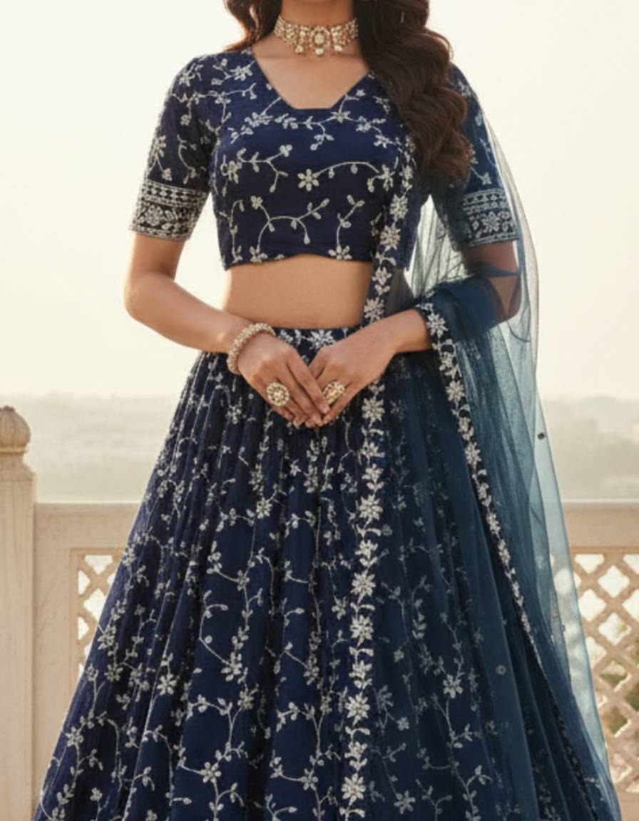 Georgette Thread Zari Sequence Embroidery Lehenga