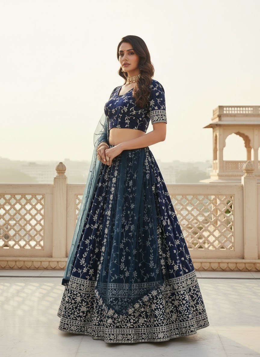 Georgette Thread Zari Sequence Embroidery Lehenga